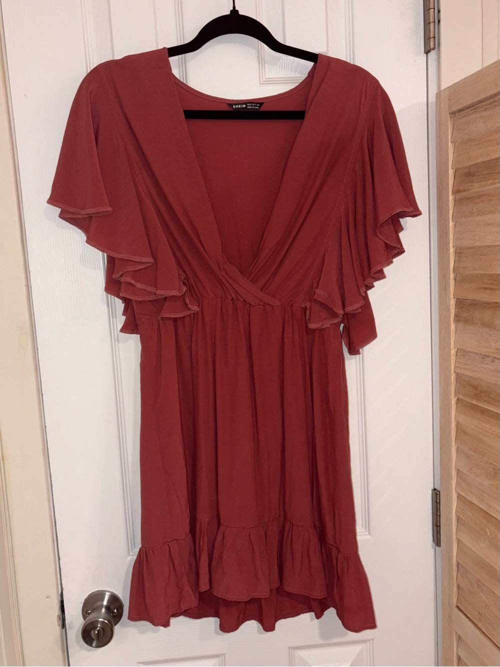 Rust Red Flutter Sleeve Ruffle Blouse